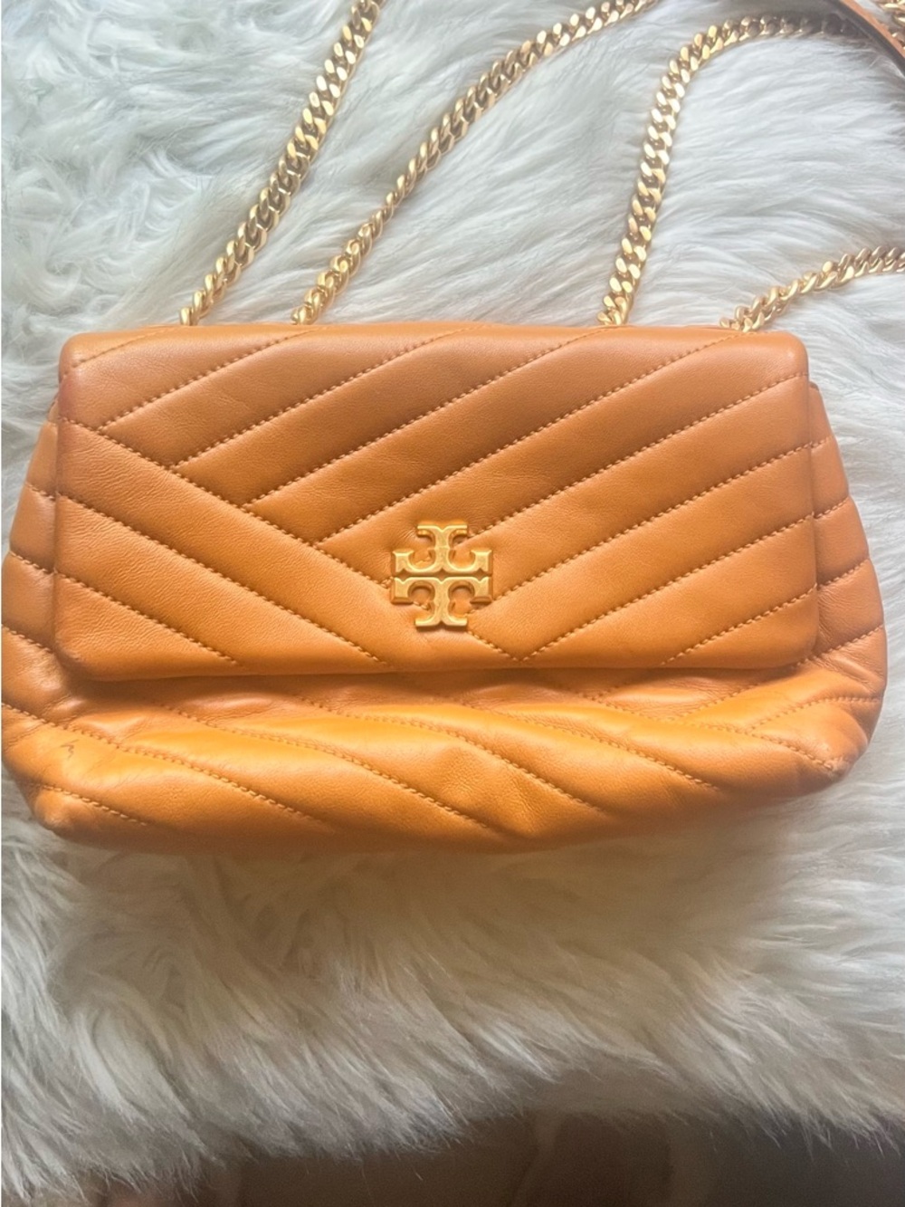 Tory Burch Quilted Orange Leather Shoulder Bag with Gold Chain